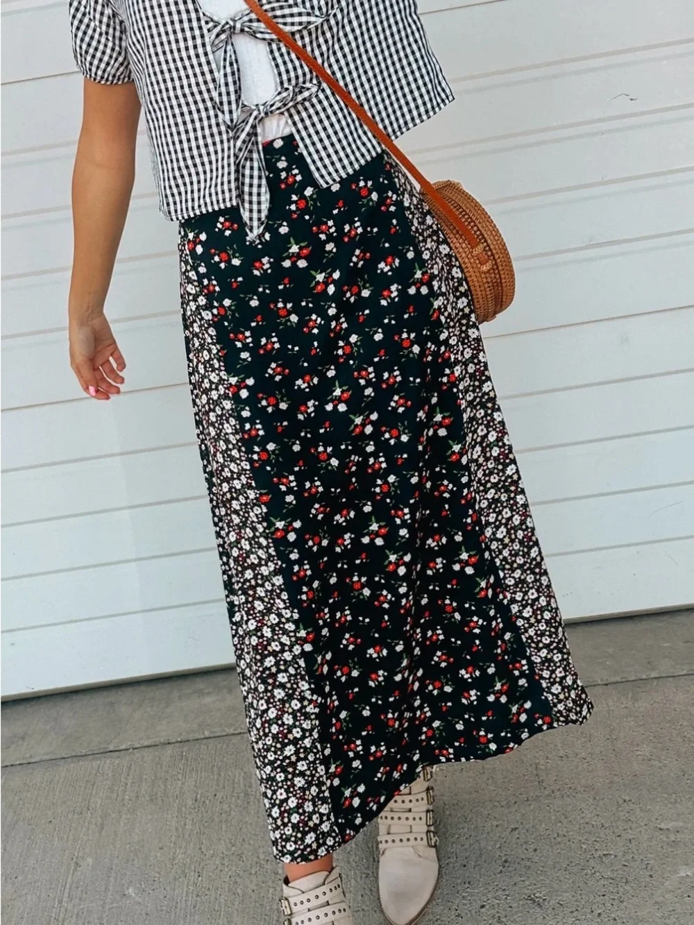 Black Floral Panel Maxi Skirt - Women's Boho A-Line - Picture 1 of 3